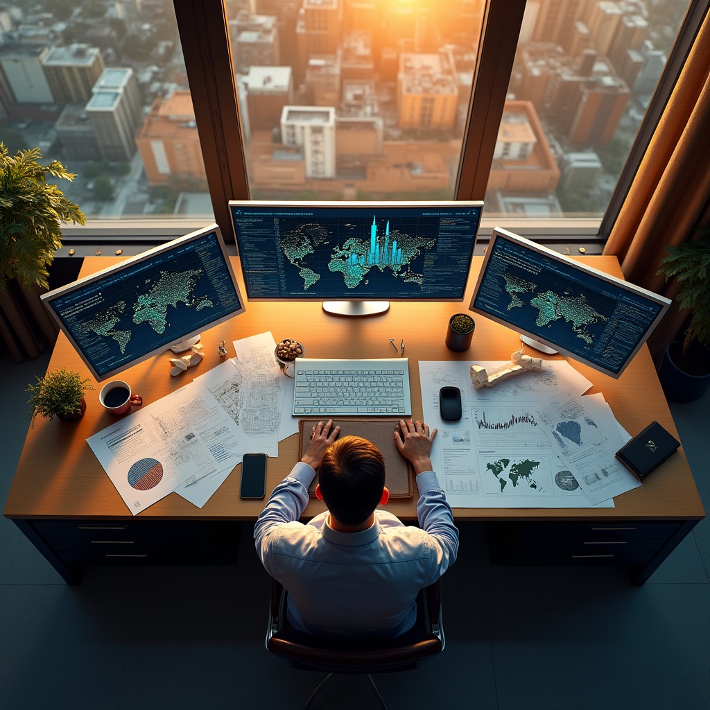 Analytical workspace showing market data visualization and urban development research materials
