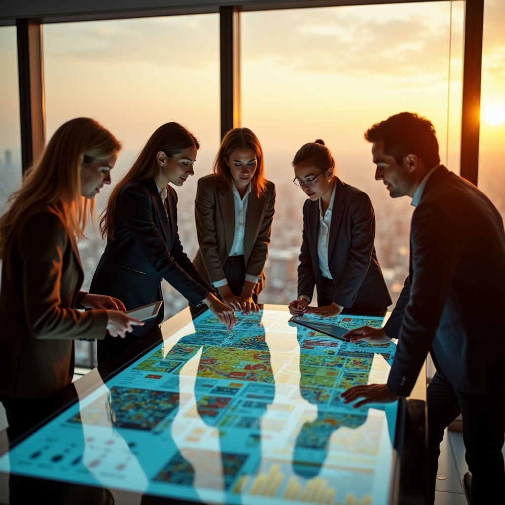 Research team collaborating on international market analysis and urban development studies